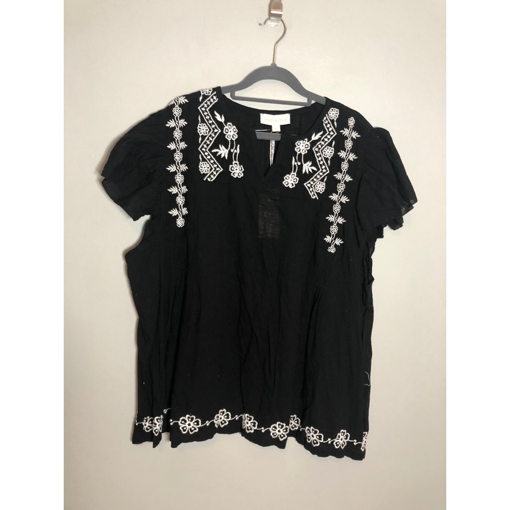 NEW Jennifer & Grace Embroidered Blouse Womens 3X Black Ecru Cotton Boho Top